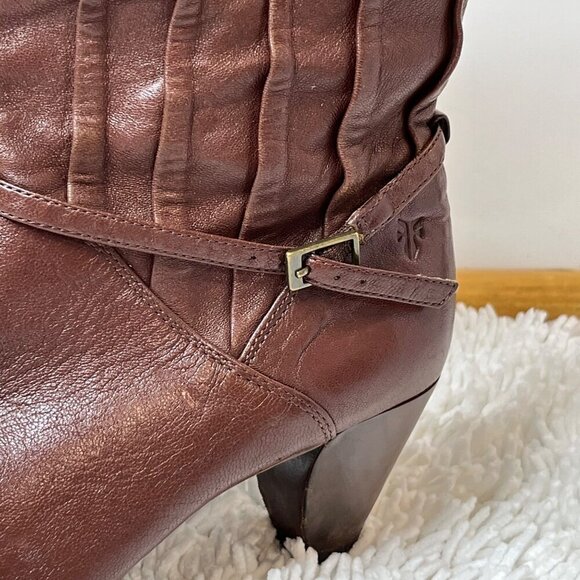 Frye Lisa Slouchy Pleated Pull On Leather Heeled Boots Mid Calf Brown Size 6‎ - Picture 3 of 16
